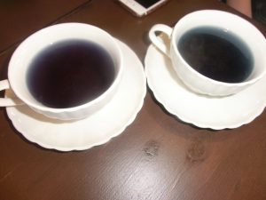 左 レモン汁を入れた後(紫色) 右 入れる前(青色)